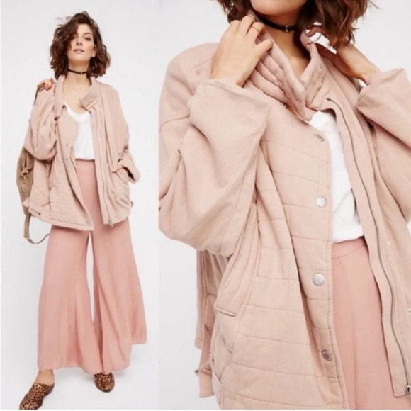 Free People Oversized Knit Quilted Jacket Pink Relaxed - Picture 1 of 15